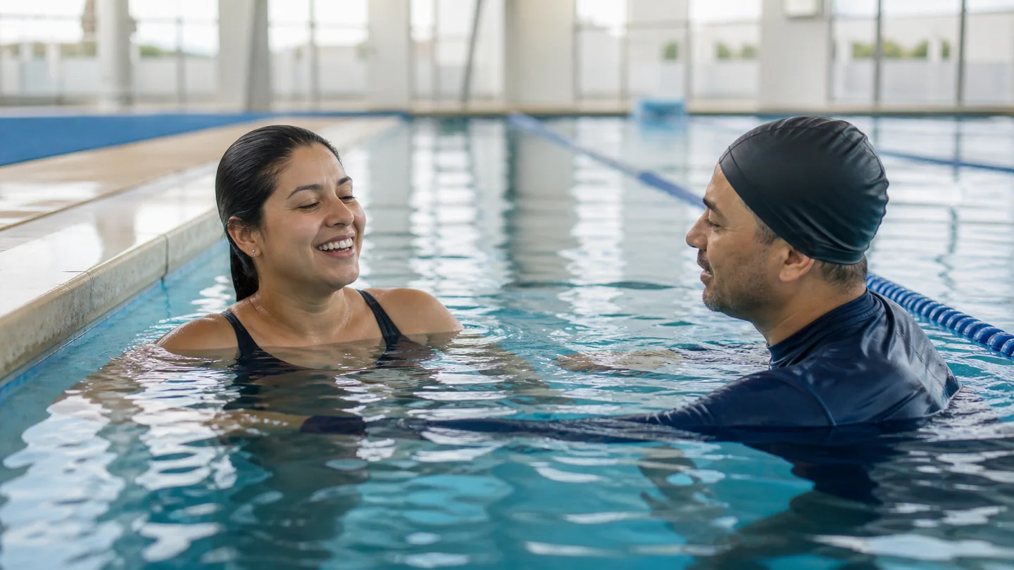 Adult learning to swim during a guided pool class in Cartagena
